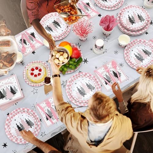 Funnymoom 452 Pcs Pink Christmas Party Decoration for 50, Buffalo Plaid Gingham Pink Xmas Tree Paper Plates Napkins Cups Tablecloth Cutlery Straws for Friendsmas Holiday Baby Shower Party Supplies - Image 6