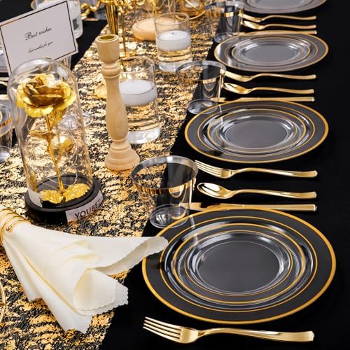 WELLIFE Clear Plates with Gold Trim, 600-Piece Plastic Dinnerware Set - Image 4
