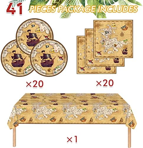 41 Pieces Pirate Party Tableware Set Pirate Birthday Party Decorations Includes Treasure Map Plates Nautical Napkins and Plastic Island Treasure Tablecloth for Treasure Theme Birthday Party Decoration - Image 2