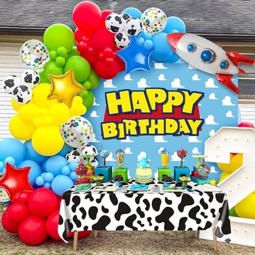 Winrayk 154Pcs Toy Inspired Story Birthday Party Decorations Supplies for Kids Teen, Balloon Arch with Backdrop Tablecloth Cow Print Balloons Star Rocket, Cartoon Game Girls Boys Birthday Party Decor - Image 7