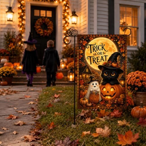 Fall Halloween Garden Flag Black Cat Ghost Trick or Treat Porch Decor - Image 4