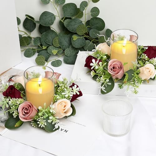 2 Sets Rose Candle Rings Wreaths with LED Flameless Candles - Image 5