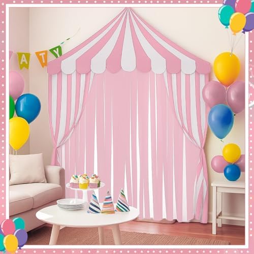 Breling 4 Pcs Carnival Circus Decor Backdrop Tent with Canopy, Pink White - Image 3