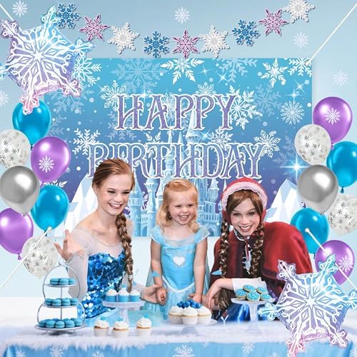 Frozen Birthday Party Decorations For Girls,Happy Birthday Backdrop,Banner,BlueBalloons,Table Cloth,Paper pom poms Party Supplies for Women - Image 5