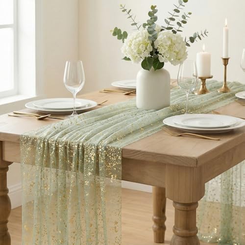 Artoid Mode Sage Green Gold Gauze Table Runner 59x120 Inch 10FT, Glitter Metallic Foil Sheer Dining Wedding Anniversary Holiday Birthday Table Decor for Home Party - Image 3