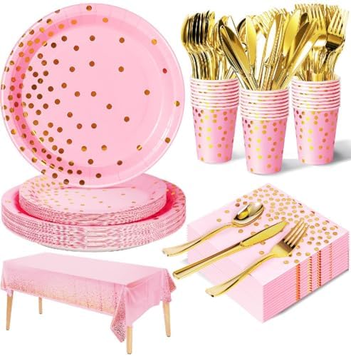 Nkaiso 141Pcs Pink Gold Paper Plates and Napkins Party Supplies-20 Guests by Nkaiso