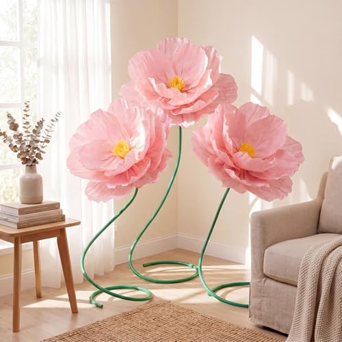 3 Pcs 5ft Large Paper Soft Pink Poppy Flower Giant Artificial Poppy - Image 5