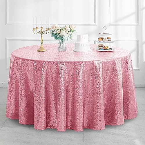 Pufogu 120" Round Light Pink Sequin Tablecloth Glitter White Table Cloths for Birthday Wedding Bridal Baby Shower Party Decorations by Pufogu