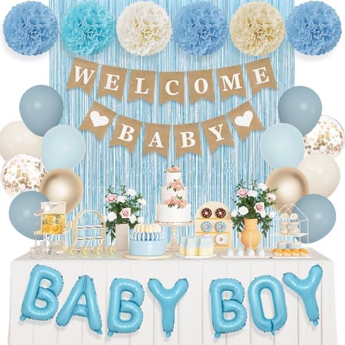 Ouddy Party Dusty Blue Baby Shower Decorations for Boys with Fringe Curtain by OuddyParty