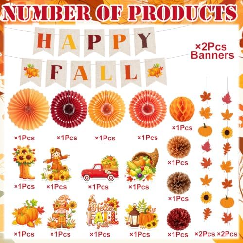 Fall Party Decorations, 22PCS Happy Fall Decoration with Banners Hanging Swirls Garland Banner Paper Fans Poms Honeycomb Ball, Maple Leaf Pumpkin Decor for Autumn Home Classroom Office Decor - Image 3