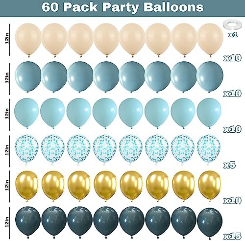 60 Pack Dusty Blue Gold Balloons, Slate Blue White Sand Teal Turquoise Crem Beige Latex Balloon Set Confetti Helium Balloon for Birthday Boho Baby Boy Shower Wedding Party Decorations - Image 2