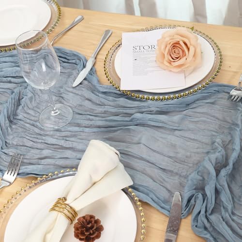 1 Pack Dusty Blue Cheesecloth Table Runner 120 Inch Boho Wedding Decor - Image 4