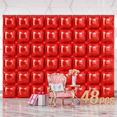 NISOCY 48PCS Metallic Red Square Foil Balloons Wall Backdrop by NISOCY