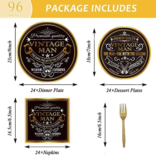 96Pcs Vintage Man Birthday Party Decor Supplies Paper Plates Napkins Set - Image 2