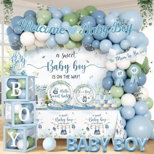 Blue and Sage Green Baby Boy Shower Decorations, All-in-1 Boho Baby Shower Decorations Boy with Balloon Arch Boy Boxes Plates Napkins Cake Toppers Tablecloth Backdrop Banner for Its a Boy Baby Shower by Juweked