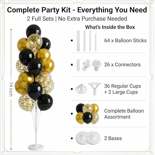 HIINS Black Gold Balloon Column Kit Set of 2 With Base,Pole for Party Decor - Image 2