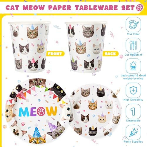 Cats Birthday Party Plates Set,168PCS Cat Birthday Tableware Party Supplies - Image 3