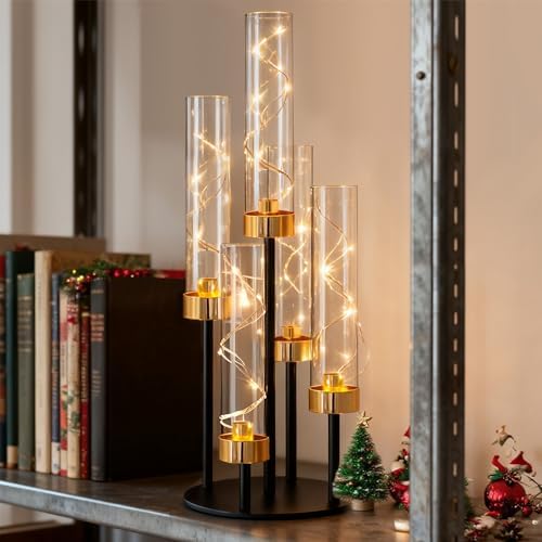 5-Arm Black Metal Table Candelabra Centerpiece, 22" Tall Clear Candlesticks Holder with Shade for Valentines Day Events Party Table Centerpiece,Fit LED Candles (4, Black+Gold, S-22in) - Image 4