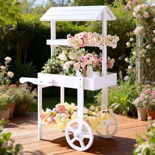 Flower Cart Display Stand with Wheels, 3-Tier Wooden Candy Cart by Sicrifety