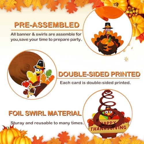 Thanksgiving Party Decorations Set - NO DIY - Friendsgiving Banner & Turkey Hanging Swirls & Circle Dots Garland Banner, Thanksgiving Decorations for Home Office Classroom Friendsgiving Party Decor - Image 3