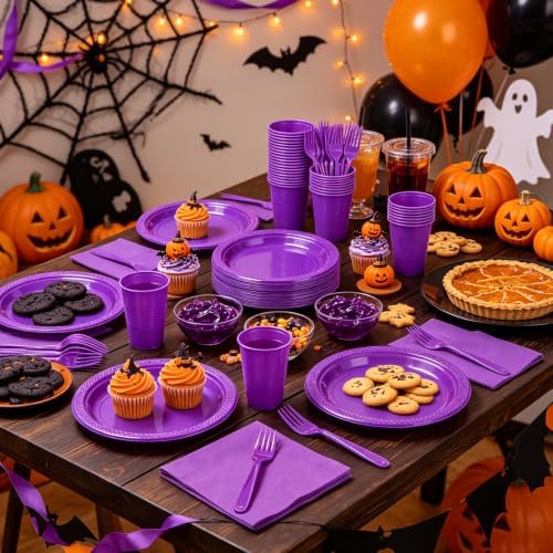 200pcs Purple Plastic Plates Party Supplies, Disposable Purple Party Plates, 50 of Each 9" Dinner Plate, Napkins, Cups & Cutlery Dinnerware Party Decorations for Birthday, Wedding, Halloween - Image 4