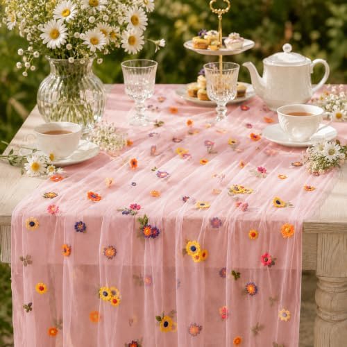 4 Pcs Flower Table Runner 29x72 Inch Pink Daisy Floral Tulle Decor - Image 3