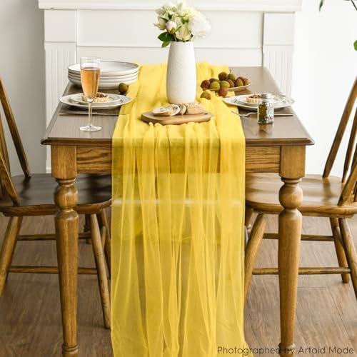 Artoid Mode 3PCS Yellow Gauze Table Runner 120 Inch 10FT, Seasonal Sheer Kitchen Dining Holiday Wedding Birthday Baby Shower Table Decor for Home Party - Image 3