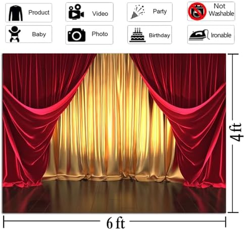 3D Rendering Theater Stage Theme Photography Backdrops Golden and Red Curtains Photo Studio Props Vinyl Background for Wedding Birthday Party Decoration Banner 6x4ft - Image 5