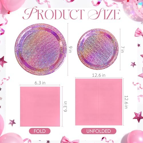Pink Iridescent Paper Plates & Napkins, 75 Pcs Party Decoration Tableware - Image 2