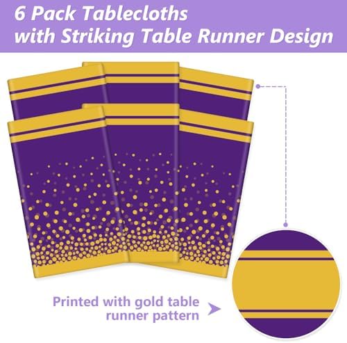 LANLISA Purple and Gold Tablecloth Graduation Decorations 2025 6 Pack, Disposable Plastic Table Cloths for Birthday Masquerade Retirement Party Decor - Image 4