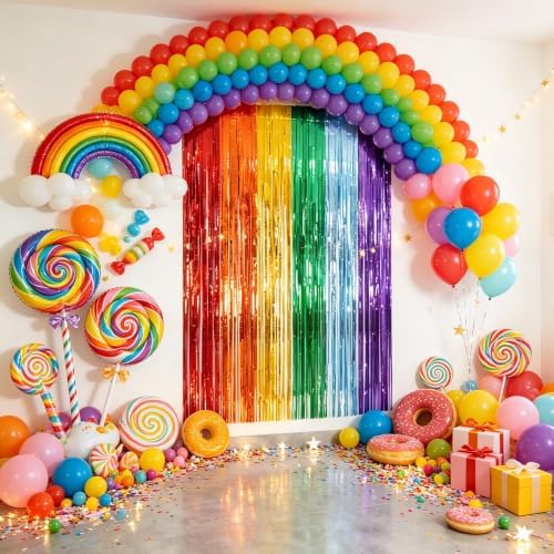 Rainbow Tinsel Streamers Backdrop Party Decorations 8.2ft x 3.2ft 2 Packs - Image 2