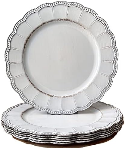 White Antique Charger Plates,13 Inch Metallic Chargers for Dinner Plates, Bead Rim Plastic Chargers For Dining, Wedding, Party,Shower. 6 Pack Decorative Holiday Tabletop Decor by Umisriro
