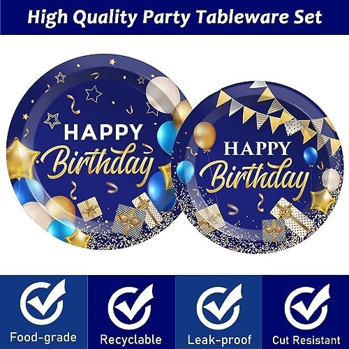 gisgfim 50 Guests Blue and Gold Birthday Plates and Napkins Party Supplies Navy Blue Party Tableware Set Blue Birthday Decorations Favors for Men Women Baby Shower 200 PCS - Image 3