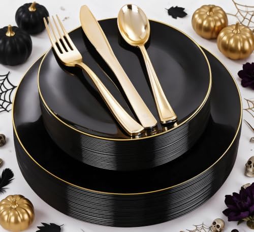 YOUBET 125PCS Black Plastic Plates with Gold Rim for Halloween by YOUBET