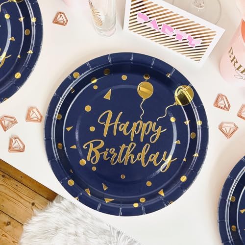 96PCS Happy Birthday Plates and Napkins Party Supplies, Black and Gold Disposable Paper Plates and Napkins with Forks Tableware Set for Birthday Party Decorations 24 Guests (Birthday Blue) - Image 4