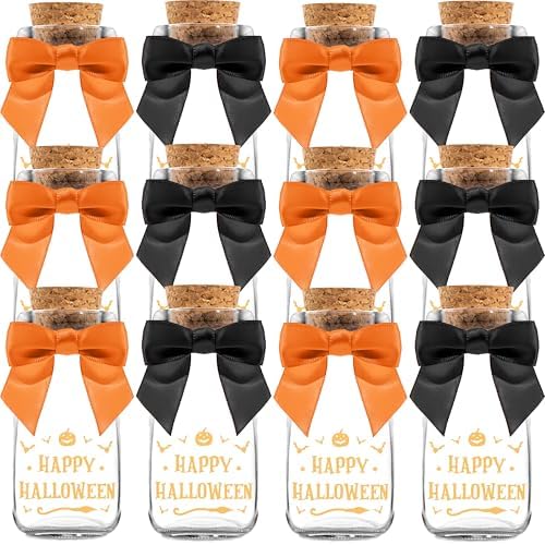 Ethisa Vintage 12 Pack Halloween Glass Jars with Ribbons and Stickers - Candy Party Favors for Trick or Treat - Halloween Party Favors and Table Centerpieces Decorations - Halloween Theme Potion Jars by Ethisa