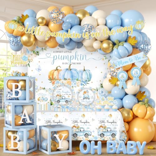 249pcs Little Pumpkin Baby Shower Decorations for Boy,A Sweet Little Pumpkin is On the Way Baby Shower,Blue Pumpkin Floral Balloons Plates Boxes Tablecloth for Fall Thanksgiving Autumn Party Decor by GREHUMOR