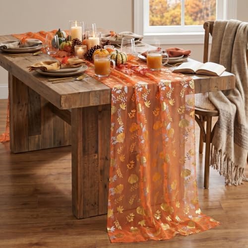 Artoid Mode 6-Pack Fall Gauze Table Runner 120 Inch, Metallic Foil Leaves - Image 5