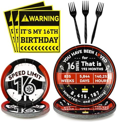 96Pcs 16th Drivers License 16 Years Old Warning Steering Wheel Party Plates Supplies Tableware Decorations Disposable Paper Plates Napkins Forks for Birthday, Serves 24 by G1ngtar