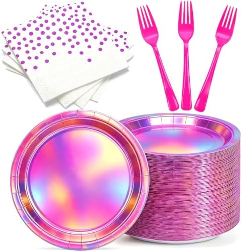 Iridescent 7inch Hot Pink Plates and Napkins for Birthday Party, 50 Guests by CENLBJ