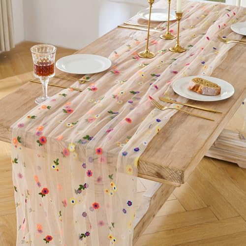 BINBE 3pcs Champagne Daisy Spring Table Runner Embroidery Gauze 10FT Florals Seasonal Tulle Holiday Birthday Kitchen Dining Table Decor for Home Party - Image 2