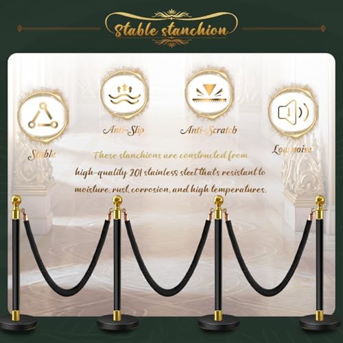 4 Pcs Black & Gold Stanchions with Velvet Ropes with 3 Pcs 5 Ft Black Velvet Ropes Carpet Ropes Posts Stanchion Set for Crowd Control Barriers for Weddings, Events, Hotels, and Party Decor - Image 3