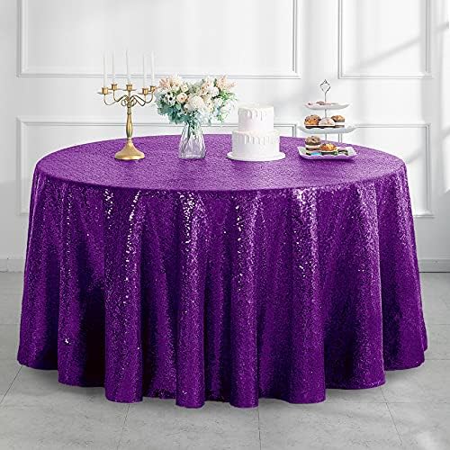 Pufogu 120" Round Purple Sequin Tablecloth Glitter White Table Cloths for Birthday Wedding Bridal Baby Shower Party Decorations by Pufogu