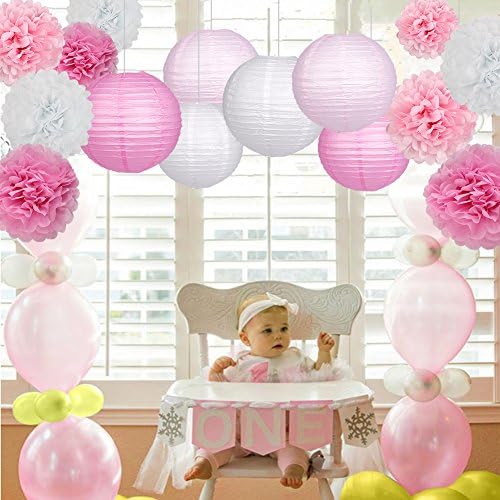 Paper Lanterns and Paper Pom Poms Pink Party Decorations 15pcs - Image 4