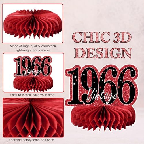 9Pcs 60th Birthday Decorations Red and Black 60th Birthday Party Decorations for Women,Happy 60 Years Vintage 1966 Aged Honeycomb Centerpieces Table Sign Decor Supplies - Image 3
