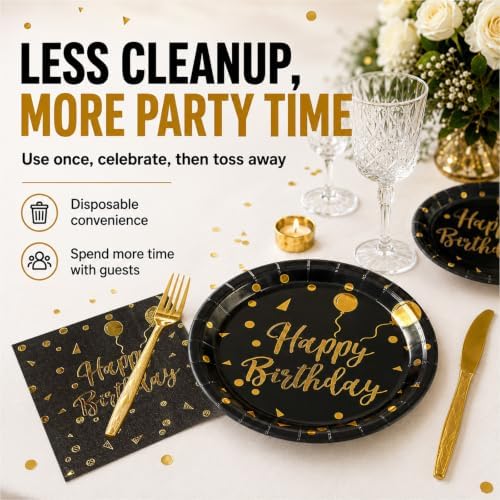 48PCS Happy Birthday Plates and Napkins Party Supplies, Black and Gold Disposable Paper Plates and Napkins with Forks Tableware Set for Birthday Party Decorations 16 Guests (Birthday Black) - Image 3