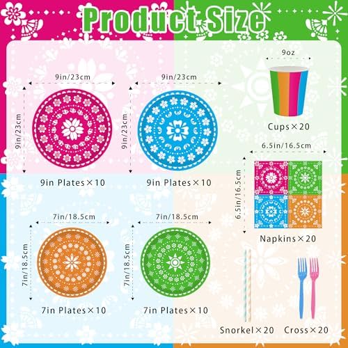 120PCS Mexican Fiesta Plates and Napkins Party Supplies, Cinco De Mayo Party Decorations Tableware Set for Mexico Taco Carnival Colorful Carnival Birthday Pinata Platters Dance Party Serves 20 - Image 2