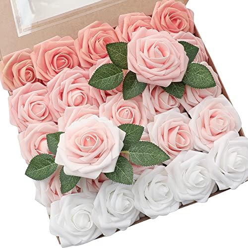 Floroom Artificial Flowers 25pcs Real Looking Blush Ombre Colors Foam Fake Roses with Stems for DIY Wedding Bouquets Bridal Shower Pink Centerpieces Floral Arrangements Party Tables Home Decorations by Floroom