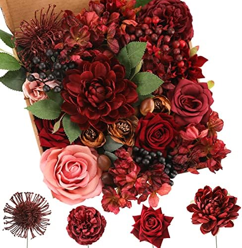 Floweroyal Artificial Flowers Combo Burgundy Flowers Mix Silk Flowers Dahlia Roses with Stems for DIY Wedding Bridal Bouquets, Baby Shower, Floral Arrangement, Table Centerpieces, Home Decorations. by FloweroyalCrafts