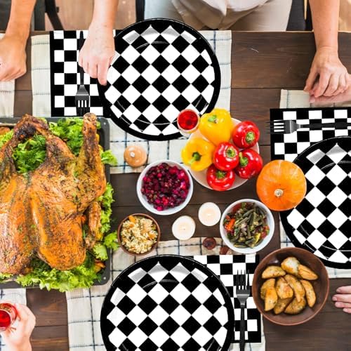 96 Pieces Racing Theme Party Supplies - Black and White Checkered Pattern Disposable Tableware with Paper Plates, Napkins, Forks for Race Car Dirt Bike Birthday Decorations, Sports Events Celebrations - Image 5